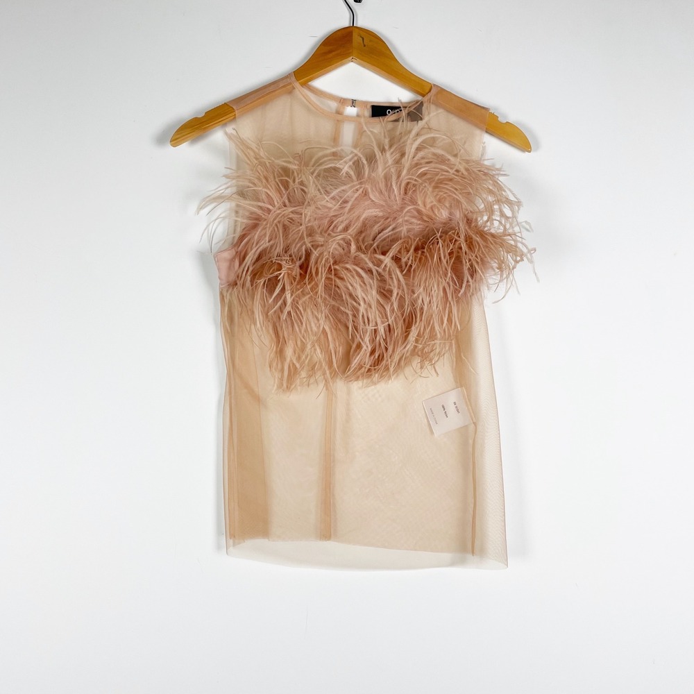 NEW OPT Cali Feather Embellished Sheer Mesh Sleeveless Blouse Shirt Top Nude XS